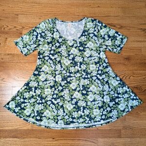 LuLaRoe Women's Perfect Tee Blue Green Floral Print Short Sleeve Top Size M